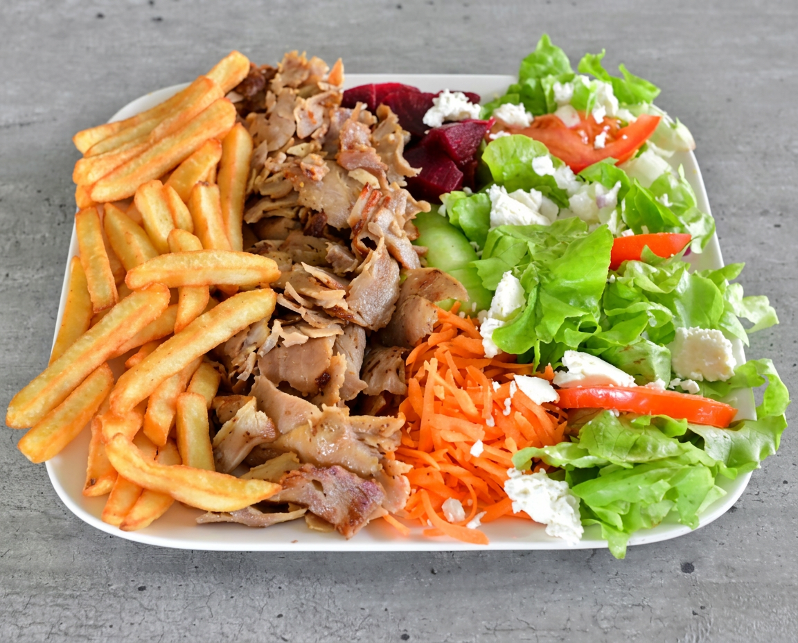 Assiette de kebab avec frites, crudités et salade fraîche