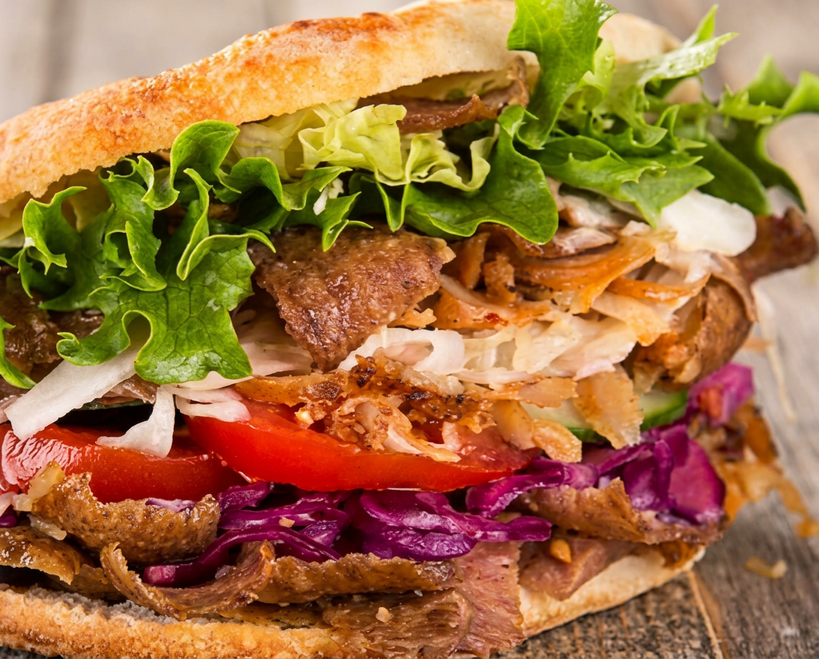 Sandwich kebab garni de viande grillée, salade, tomates et chou rouge